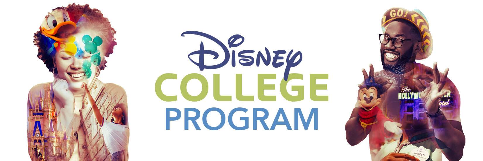 Two people covered in images from the Disney Theme Park in between the words "Disney College Program"